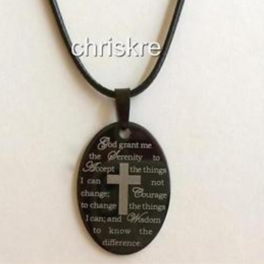 Serenity Prayer Cross Necklace Stainless Steel 18" Black Tone Etched Unisex